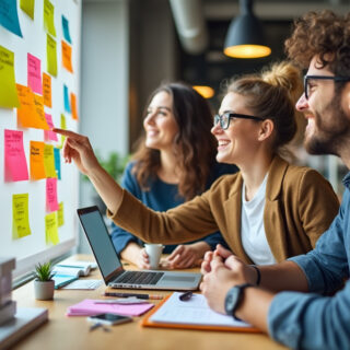 Team brainstormt Geschäftsideen mit Post-its und Whiteboard während einer kreativen StartUp-Sitzung.
