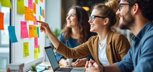 Team brainstormt Geschäftsideen mit Post-its und Whiteboard während einer kreativen StartUp-Sitzung.