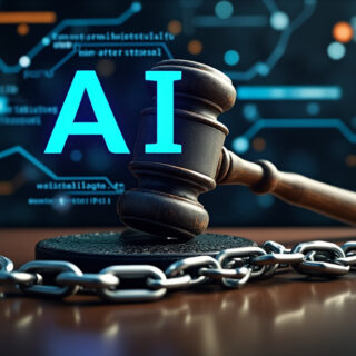 Ein Gerichtshammer kettet ein leuchtendes, futuristisches Symbol für Künstliche Intelligenz an, im Hintergrund steht in großen, bedrohlichen Buchstaben "KI"
