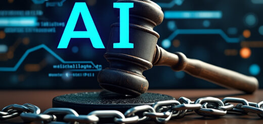 Ein Gerichtshammer kettet ein leuchtendes, futuristisches Symbol für Künstliche Intelligenz an, im Hintergrund steht in großen, bedrohlichen Buchstaben "KI"