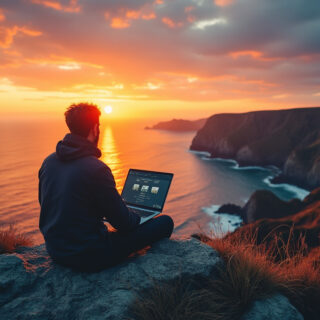 in digitaler Nomade blickt bei Sonnenuntergang von einer Klippe auf das Meer, der Laptop ist neben ihm abgelegt. Das Bild symbolisiert sowohl das Abenteuer als auch die Reflexion über den Lebensstil.
