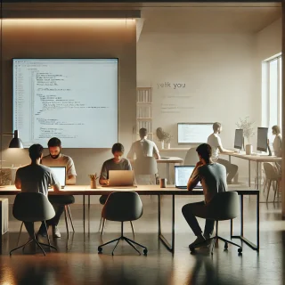 Ein schlichter, minimalistischer Arbeitsbereich, in dem einige Personen an Laptops arbeiten. Die Umgebung ist gut organisiert, mit dezenten Farben und sanfter Beleuchtung. Die Bildschirme zeigen Text und Code, was eine fokussierte, ruhige Atmosphäre für kreative und technische Arbeit widerspiegelt.