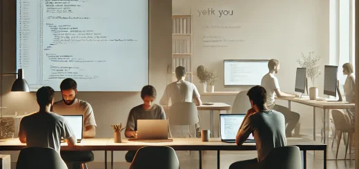 Ein schlichter, minimalistischer Arbeitsbereich, in dem einige Personen an Laptops arbeiten. Die Umgebung ist gut organisiert, mit dezenten Farben und sanfter Beleuchtung. Die Bildschirme zeigen Text und Code, was eine fokussierte, ruhige Atmosphäre für kreative und technische Arbeit widerspiegelt.