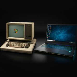 Zwei Screenshots, die die Benutzeroberfläche von Windows 2 auf einem alten Computer und Windows 11 auf einem modernen Laptop gegenüberstellen, um die Entwicklung des Betriebssystems zu veranschaulichen.