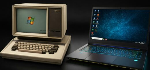 Zwei Screenshots, die die Benutzeroberfläche von Windows 2 auf einem alten Computer und Windows 11 auf einem modernen Laptop gegenüberstellen, um die Entwicklung des Betriebssystems zu veranschaulichen.