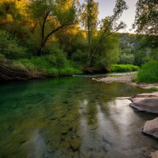 Naturlandschaft mit Fluss und Sonnenuntergang
