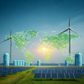 Eine lebendige, stilisierte Weltkarte mit Verbindungslinien zwischen Städten, Windkraftanlagen, die sich im Vordergrund drehen, und Solarmodulen, die das Sonnenlicht reflektieren, vor dem Hintergrund von intelligenten Netzen und Wasserstoffspeichertanks. Die Farben sind kräftig und lebendig, mit Blau und Grün, um Natur und Klarheit zu vermitteln.