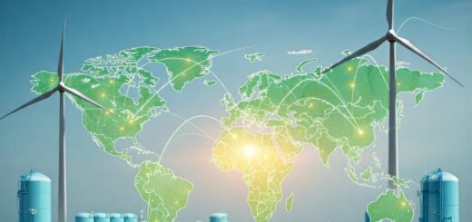 Eine lebendige, stilisierte Weltkarte mit Verbindungslinien zwischen Städten, Windkraftanlagen, die sich im Vordergrund drehen, und Solarmodulen, die das Sonnenlicht reflektieren, vor dem Hintergrund von intelligenten Netzen und Wasserstoffspeichertanks. Die Farben sind kräftig und lebendig, mit Blau und Grün, um Natur und Klarheit zu vermitteln.