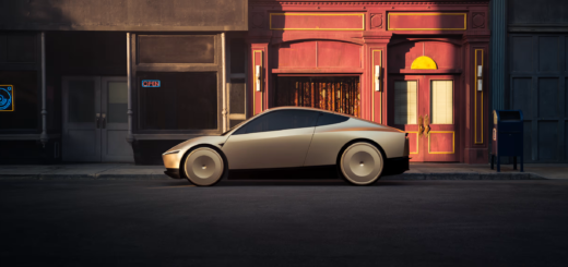 Futuristisches, autonomes Cybercab-Robotaxi mit kantigem Design und Panoramafenstern in einer modernen Stadt.