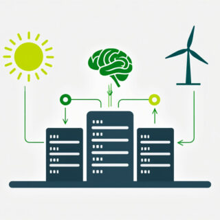 Ein stilisiertes Rechenzentrum, dargestellt durch eine vereinfachte Silhouette eines Gebäudes mit Server-Racks. Darüber schweben Symbole für erneuerbare Energie (wie eine Sonne und ein Windrad) sowie das KI-Symbol (ein stilisierter Gehirnumriss).