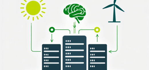 Ein stilisiertes Rechenzentrum, dargestellt durch eine vereinfachte Silhouette eines Gebäudes mit Server-Racks. Darüber schweben Symbole für erneuerbare Energie (wie eine Sonne und ein Windrad) sowie das KI-Symbol (ein stilisierter Gehirnumriss).