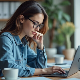 Eine Frau, die an einem Laptop arbeitet, aufgenommen aus der Distanz, ohne sichtbare Hände.