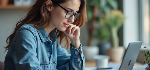 Eine Frau, die an einem Laptop arbeitet, aufgenommen aus der Distanz, ohne sichtbare Hände.
