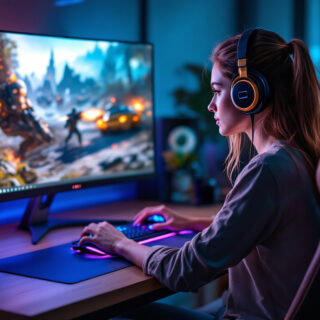 Eine junge Frau mit Kopfhörern spielt konzentriert an einem stylischen Gaming-PC mit beleuchteter Tastatur und einem großen Monitor im Hintergrund.