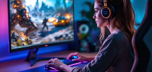 Eine junge Frau mit Kopfhörern spielt konzentriert an einem stylischen Gaming-PC mit beleuchteter Tastatur und einem großen Monitor im Hintergrund.