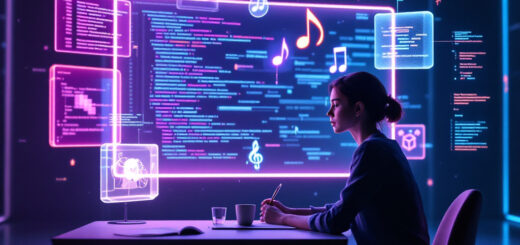 Person am Schreibtisch, umgeben von holographischen Darstellungen verschiedener KI-Tools wie ChatGPT, Gemini, Copilot und MidJourney, die kreative Prozesse visualisieren