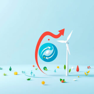 minimalistische Bild, das den Artikel illustriert. Es zeigt die Transformation des Energiemarkts 2023 mit Symbolen für erneuerbare Energien, Netzstabilität und sinkende Energiepreise.