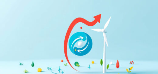 minimalistische Bild, das den Artikel illustriert. Es zeigt die Transformation des Energiemarkts 2023 mit Symbolen für erneuerbare Energien, Netzstabilität und sinkende Energiepreise.