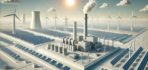 Modernes Gaskraftwerk in Kombination mit Windkraftanlagen und Solarpanels, das den Übergang zu erneuerbaren Energien symbolisiert.