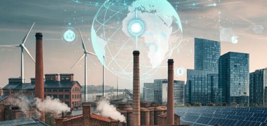 Symbolbild der Transformation von der Industrialisierung zur modernen Nachhaltigkeit mit historischen Fabriken, erneuerbaren Energien und globalem Fokus.