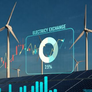 Digitale Handelsplattform der Strombörse mit Preisschwankungen und erneuerbaren Energien im Hintergrund