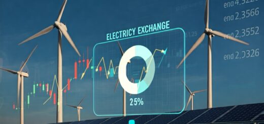 Digitale Handelsplattform der Strombörse mit Preisschwankungen und erneuerbaren Energien im Hintergrund