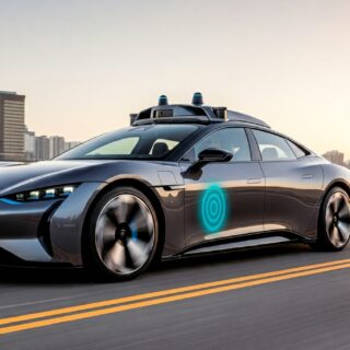 Futuristisches Auto mit Aufbau von Radar- und Kamerasystemen für autonomes Fahren.