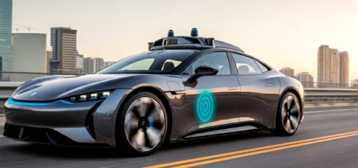 Futuristisches Auto mit Aufbau von Radar- und Kamerasystemen für autonomes Fahren.