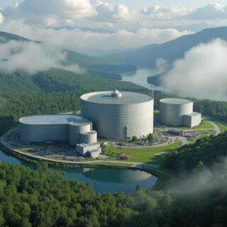 Ein künstlerische Darstellung eines fiktiven Atomendlager in Deutschland. Das Bild zeigt eine moderne, sicherheitsbewusste Anlage mit hohen Betonwänden, mehreren Überwachungstürmen und einem Berg im Hintergrund. Die Anlage ist mit verschiedenen Sicherheitssystemen ausgestattet, wie Kameras, Zäunen und Warnschildern.