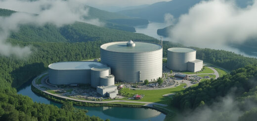 Ein künstlerische Darstellung eines fiktiven Atomendlager in Deutschland. Das Bild zeigt eine moderne, sicherheitsbewusste Anlage mit hohen Betonwänden, mehreren Überwachungstürmen und einem Berg im Hintergrund. Die Anlage ist mit verschiedenen Sicherheitssystemen ausgestattet, wie Kameras, Zäunen und Warnschildern.