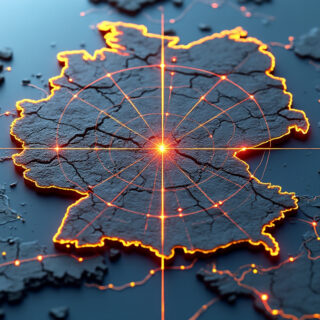 image with the prompt: '3D Germany map with power grid in 3D and a crosshair simulating an attack