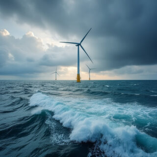 bild einer offshore-Windturbine bei rauer see im Sturm