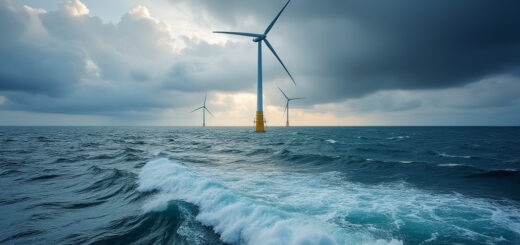 bild einer offshore-Windturbine bei rauer see im Sturm