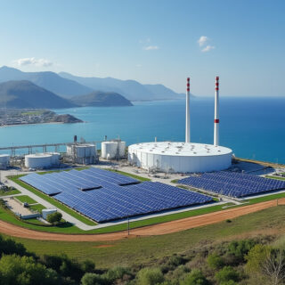 Bild einer Wasserstoffproduktionsanlage an Land. Im Hintergrund das Meer