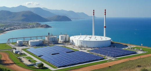 Bild einer Wasserstoffproduktionsanlage an Land. Im Hintergrund das Meer