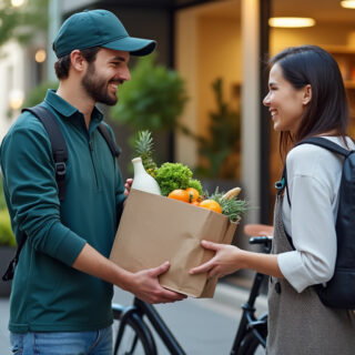 Ein Lieferfahrer übergibt einem Kunden eine Einkaufstasche mit frischen Lebensmitteln. Im Hintergrund steht ein elektrisches Lieferfahrzeug in einer urbanen Umgebung.