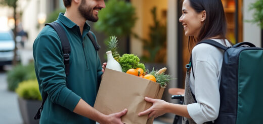 Ein Lieferfahrer übergibt einem Kunden eine Einkaufstasche mit frischen Lebensmitteln. Im Hintergrund steht ein elektrisches Lieferfahrzeug in einer urbanen Umgebung.