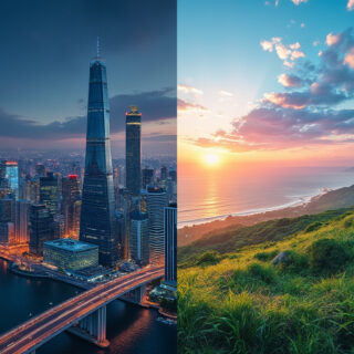 Vergleich zwischen Stadt- und Landleben: links eine lebendige Stadt, rechts eine ruhige ländliche Landschaft.“ Bildtitel: Stadt oder Land – Zwei verschiedene Welten.