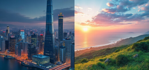 Vergleich zwischen Stadt- und Landleben: links eine lebendige Stadt, rechts eine ruhige ländliche Landschaft.“ Bildtitel: Stadt oder Land – Zwei verschiedene Welten.