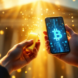 Zwei Hände, eine greift nach einem glänzenden Goldbarren, die andere hält ein Smartphone, auf dessen Bildschirm eine Bitcoin-Grafik leuchtet. Im Hintergrund verschwimmen eine klassische Bankfassade und digitale Zahlenströme, die für Blockchain-Technologie stehen.