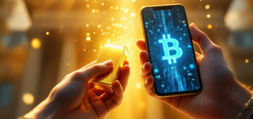 Zwei Hände, eine greift nach einem glänzenden Goldbarren, die andere hält ein Smartphone, auf dessen Bildschirm eine Bitcoin-Grafik leuchtet. Im Hintergrund verschwimmen eine klassische Bankfassade und digitale Zahlenströme, die für Blockchain-Technologie stehen.