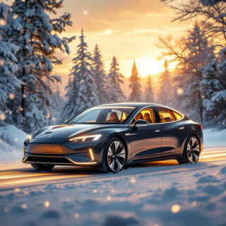 Ein modernes Elektroauto fährt durch eine verschneite Winterlandschaft. Schneeflocken fallen sanft vom Himmel, während das Auto ein warmes, goldenes Licht ausstrahlt. Im Inneren sind zufrieden lächelnde Passagiere zu sehen, eingehüllt in warme Kleidung. Die Umgebung ist malerisch mit schneebedeckten Tannen und einem kleinen Dorf im Hintergrund, das in warmes Abendlicht getaucht ist.