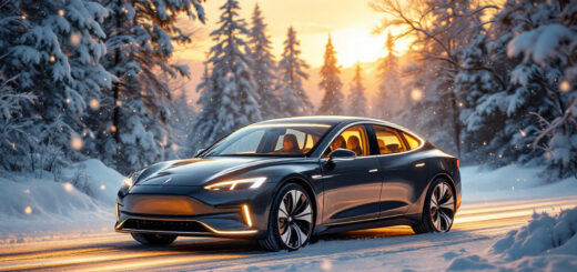 Ein modernes Elektroauto fährt durch eine verschneite Winterlandschaft. Schneeflocken fallen sanft vom Himmel, während das Auto ein warmes, goldenes Licht ausstrahlt. Im Inneren sind zufrieden lächelnde Passagiere zu sehen, eingehüllt in warme Kleidung. Die Umgebung ist malerisch mit schneebedeckten Tannen und einem kleinen Dorf im Hintergrund, das in warmes Abendlicht getaucht ist.