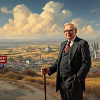 Illustration von Warren Buffett, der auf die Geschichte und den Erfolg von Berkshire Hathaway zurückblickt, mit Industrie- und Stadtlandschaften im Hintergrund, die das Wachstum und die Diversifikation des Unternehmens symbolisieren.
