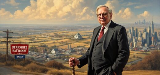 Illustration von Warren Buffett, der auf die Geschichte und den Erfolg von Berkshire Hathaway zurückblickt, mit Industrie- und Stadtlandschaften im Hintergrund, die das Wachstum und die Diversifikation des Unternehmens symbolisieren.