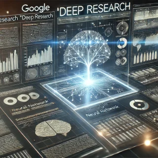 Ein futuristisches, digitales Interface, das die Funktionen von Google Gemini "Deep Research" darstellt. Zu sehen ist ein strukturierter Forschungsbericht mit Diagrammen, Datenvisualisierungen und hervorgehobenen Texten, umgeben von leuchtenden Linien, die neuronale Netzwerke symbolisieren. Der Hintergrund ist minimalistisch mit einem technologischen, modernen Design.