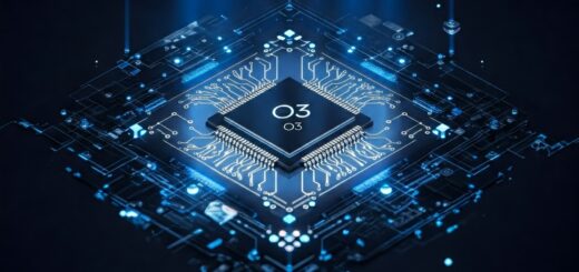 Visualisierung eines KI-Modells mit digitalen Netzwerken und Lichtstrahlen, die Datenverarbeitung und Skalierbarkeit symbolisieren.