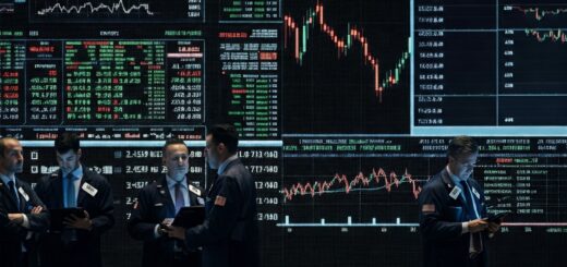 Börsenparkett mit digitalen Kursanzeigen und Menschen, die Aktienkurse diskutieren.