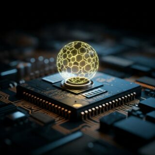 Eine leuchtende Kugel als Darstellung eines Q-Bits schwebt über einem detailreichen Mikroprozessor, symbolisierend die Verbindung zwischen Quanteninformation und klassischer Computerarchitektur