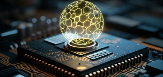 Eine leuchtende Kugel als Darstellung eines Q-Bits schwebt über einem detailreichen Mikroprozessor, symbolisierend die Verbindung zwischen Quanteninformation und klassischer Computerarchitektur